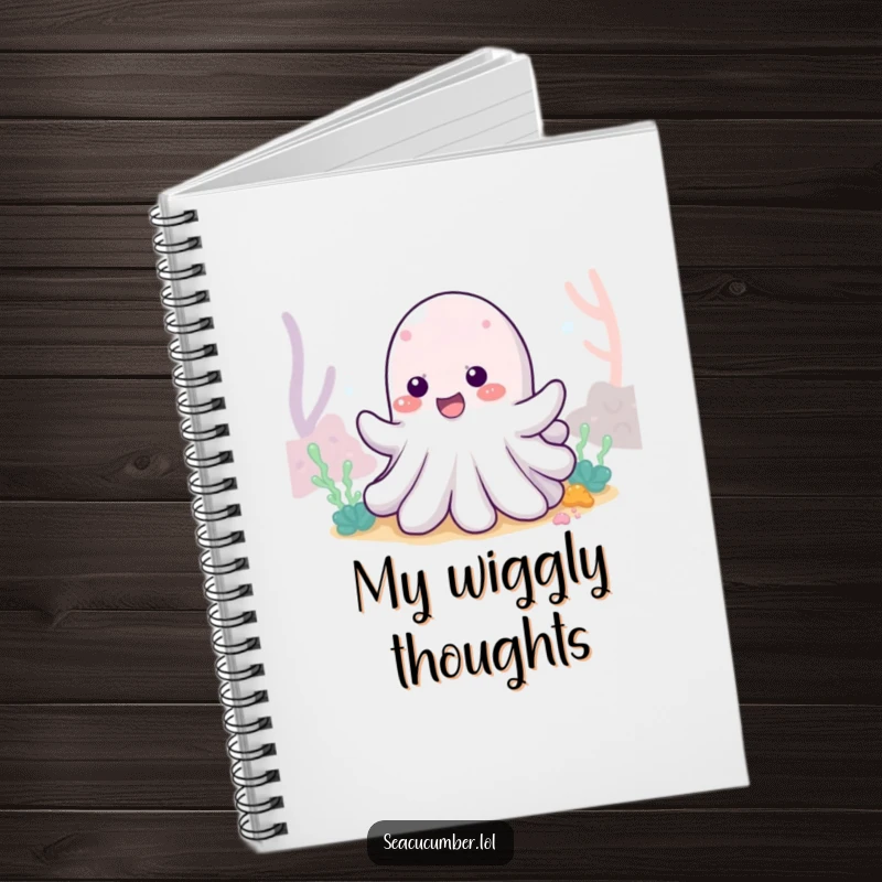 Funny Sea Cucumber Notebook featuring a cheerful sea cucumber wiggling with delight, ideal for jotting notes with ocean charm.