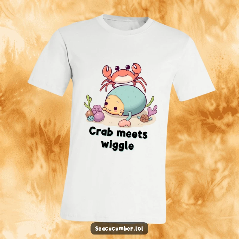 Funny Crab T-Shirt approaching a tumbling Sea Cucumber, a humorous and charming ocean wildlife design.
