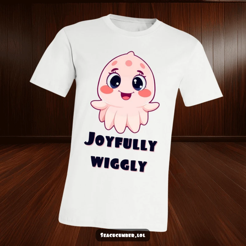 Funny Sea Cucumber T-Shirt wiggling joyfully with wide, happy eyes, a humorous and cute ocean creature design.