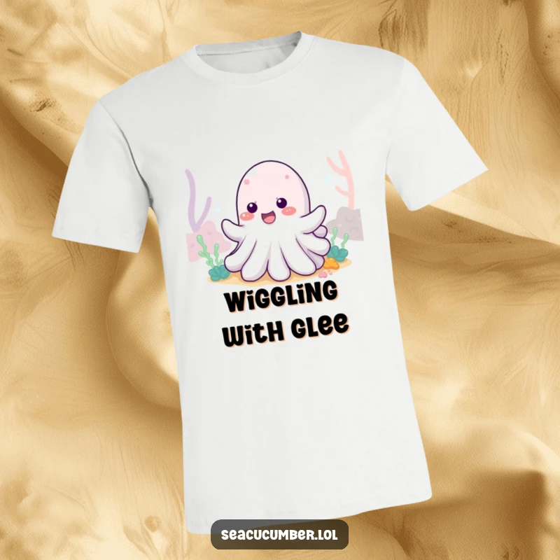 Funny Sea Cucumber T-Shirt featuring a cheerful sea cucumber wiggling with delight on the sea floor, perfect for ocean lovers.