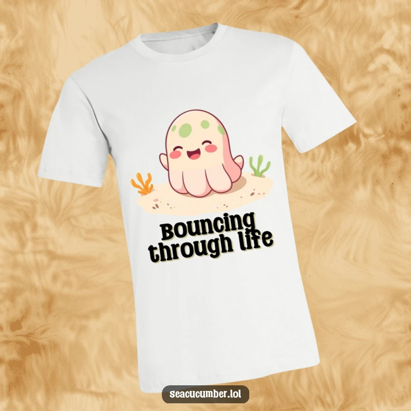 Funny t-shirt depicting a smiling seacucumber playfully bouncing on soft sand, capturing a moment of pure, carefree fun.