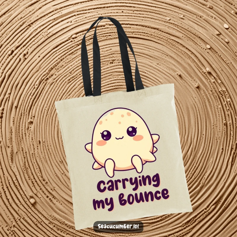 Funny sea cucumber with cheerful dot eyes gently bouncing on a durable and stylish tote bag.