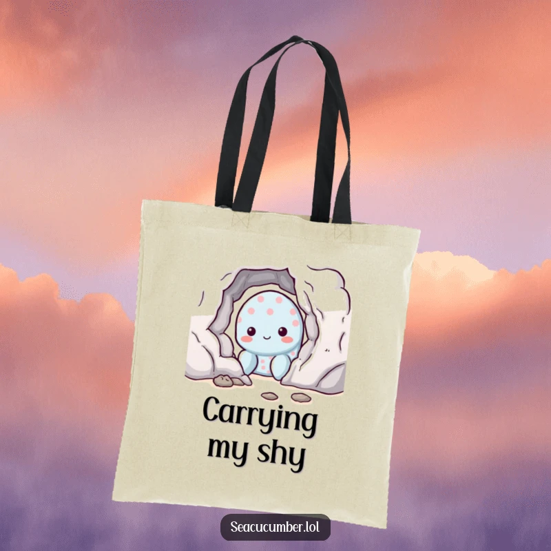 Funny shy sea cucumber peeking from behind a rock on a durable and stylish tote bag.