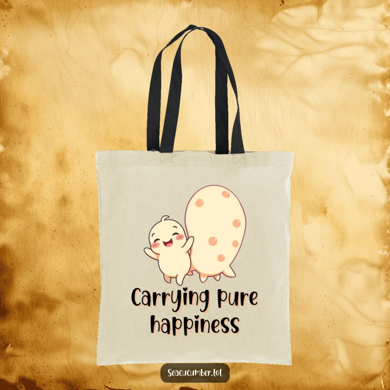Funny tote bag showcasing a happy baby seacucumber wiggling with delight next to a larger one, perfect for carrying joy.