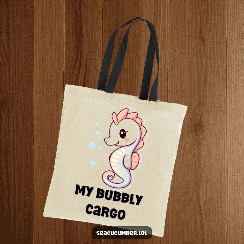 Funny Tote Bag featuring a playful smiling seahorse with bubbles trailing behind it, perfect for shopping.