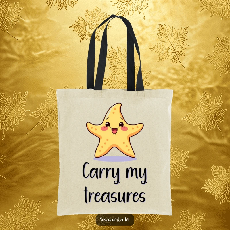 Funny Tote Bag featuring a cheerful starfish with an excited expression performing a little spin.