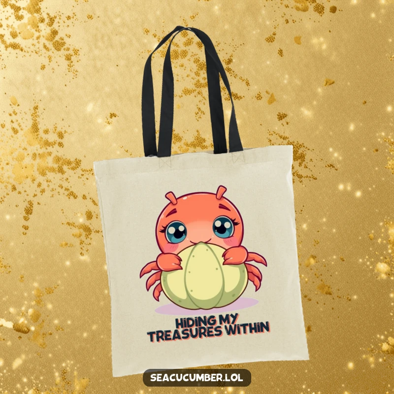 Funny tote bag featuring a curious crab with wide eyes peeking from behind a seacucumber, perfect for carrying humor and essentials.